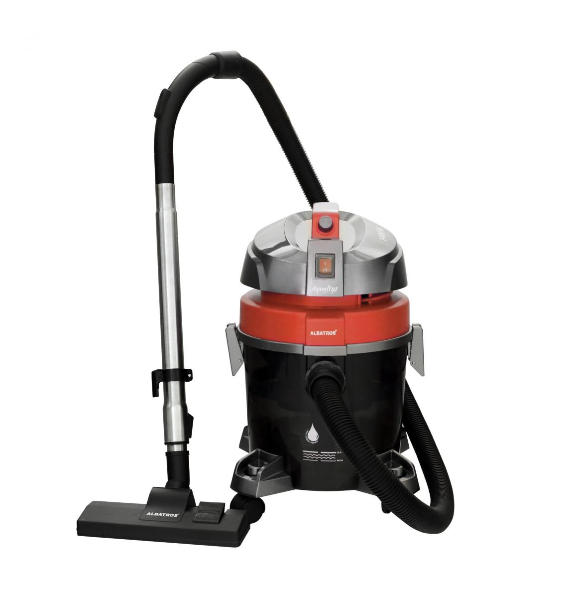 Aspirator cu filtrare prin apa Albatros Aqualtys Orange, 1600 W, Umed/uscat, 7.2 L (praf)/3 L (lichide), Filtru de microparticule, Reglaj putere, Perie pentru aspirare lichide, Gri inchis/Portocaliu